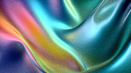 Flowing waves of iridescent color shimmer across a dark textured background creating a vibrant and modern abstract design