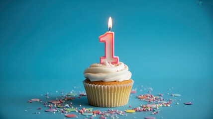 One year old birthday cupcake with pink candle and sprinkles celebrate first birthday