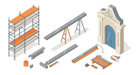 Construction tools and scaffolding isometric design for architectural projects