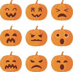 Nine orange pumpkins with different cartoon faces and expressions halloween jack o lantern