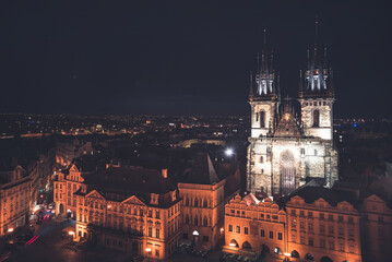 Church of our Lady Before Tyn dominating Prague skyline at night