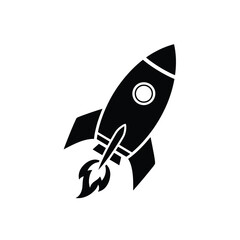 Black rocket ship with flame exhaust ascending white