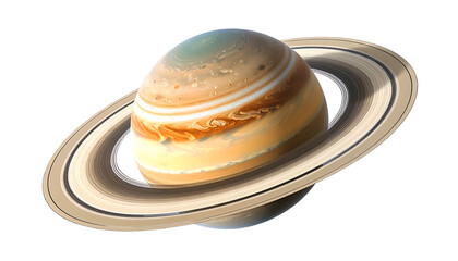 A detailed view of a planet with rings, showcasing atmospheric bands & swirling clouds