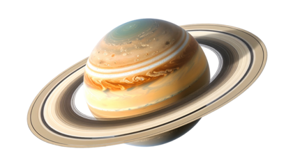 A detailed view of a planet with rings, showcasing atmospheric bands & swirling clouds