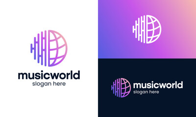 Music world logo design vector illustration. Sound audio design with globe graphic Icon, symbols, creative