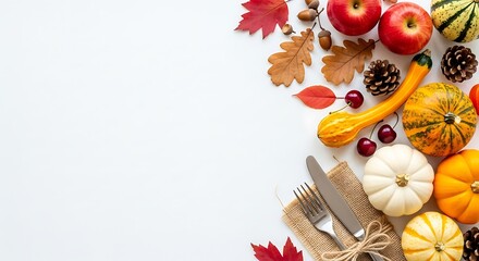 Festive fall harvest display featuring gourds, apples, and autumn leaves for Thanksgiving celebrations or seasonal marketing campaigns with copy space
