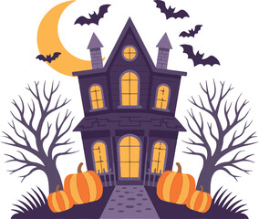 Spooky purple haunted house with orange moon and bats Halloween purple house