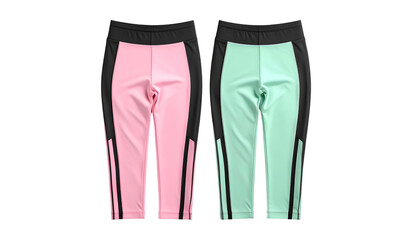 Two pairs of athletic leggings, one pink, one mint, each with black accents