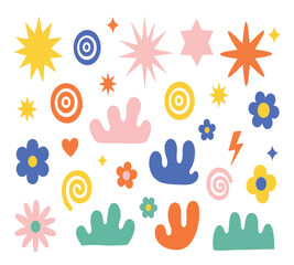 Vector art of collection of vibrant and playful abstract shapes, including stars, spirals, flowers, lightning bolts, and organic forms, creating a whimsical and modern design