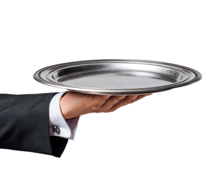 A hand in a dark suit holds a round, empty silver platter