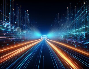 digital data flow on road in concept of cyber global communication and coding with graphic showing fast speed transfer to demonstrate agile digital transformation disruptive innovation stock