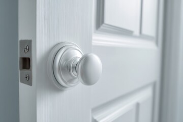 Doorknob. Door handle and latch of brass on veneer doors. Metal door handle with and keyhole on white door. Close - up elements of the interior of beautiful apartment. Elegance and modernity design
