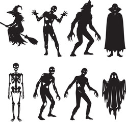 Collection of spooky halloween silhouettes featuring monsters witches skeletons and zombies for spooky decorations