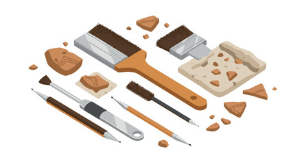 Archaeological tools for excavation and discovery: brushes, trowel, and rocks in isometric design
