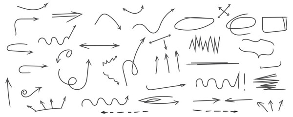 Hand-drawn doodle arrow and marker highlights set. Vector collection of sketch elements for annotation and presentations. © Articurve