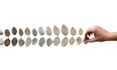 A hand places a leaf-shaped stone, amongst a series of similar stones in varying shades of beige, brown and gray