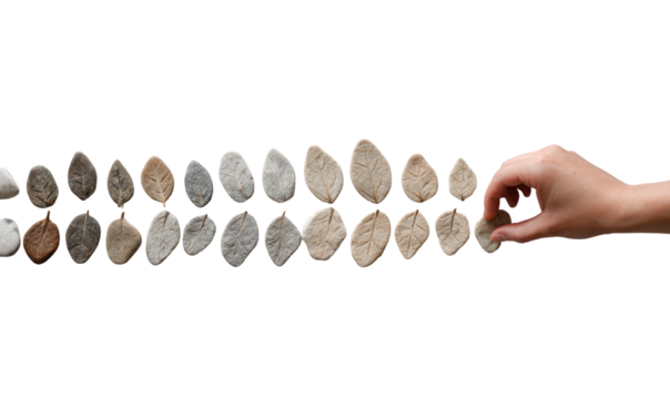 A hand places a leaf-shaped stone, amongst a series of similar stones in varying shades of beige, brown and gray