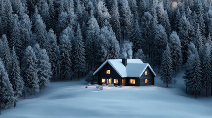 Winter christmas cabin with glowing chimneys in a snowy forest cozy holiday atmosphere evening scene