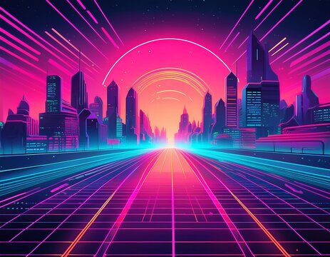 backdrop of neon city synthwave futuristic 80s cyber landscape