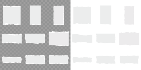 Realistic paper scraps with torn edges. Ripped paper strips. Set of torn paper sheets. Scrapbook edge, notebook tear or blank page split vector illustration. Sticky notes, shreds of notebook pages.