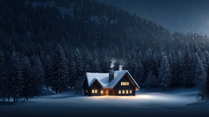 Charming winter christmas cabin with multiple chimneys snowy forest setting at dusk
