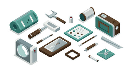 Retro isometric electronic devices and tools in modern minimalist design