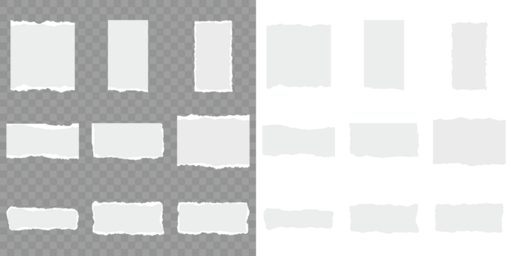 Realistic paper scraps with torn edges. Ripped paper strips. Set of torn paper sheets. Scrapbook edge, notebook tear or blank page split vector illustration. Sticky notes, shreds of notebook pages.