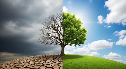 Vibrant tree standing strong amidst climate change, embodying resilience and hope for a sustainable future in a world facing environmental challenges