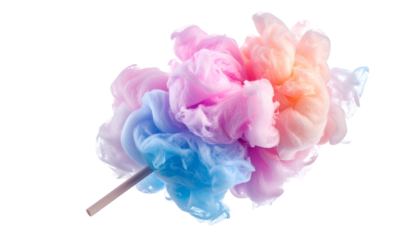 A vibrant, colorful cotton candy swirl on a stick against a black background