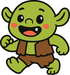 Obraz premium Smiling happy running green ogre, chibi kawaii fantasy vector illustration
