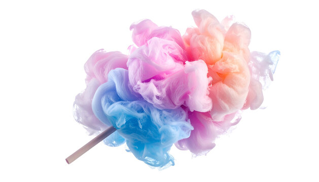 A vibrant, colorful cotton candy swirl on a stick against a black background