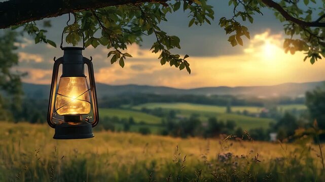 Vintage lantern hanging from tree branch at sunset over rolling hills image photo