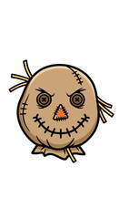 Cartoon Scarecrow Head with Button Eyes and Stitched Smile.