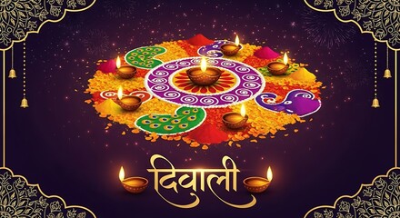 A diwali celebration with rangoli art and glowing diya lamps on a dark decorative background design