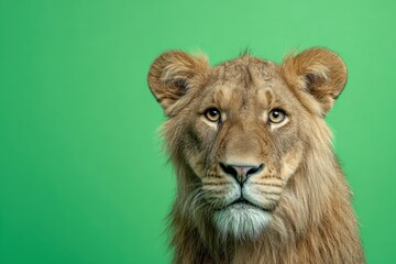 Fototapeta premium Cute Lion portrait isolated on green color background. Strong confident Lion king in front looking at camera on studio backdrop. Space for text. Wildlife. Wild animals. Panthera Leo. Male lion