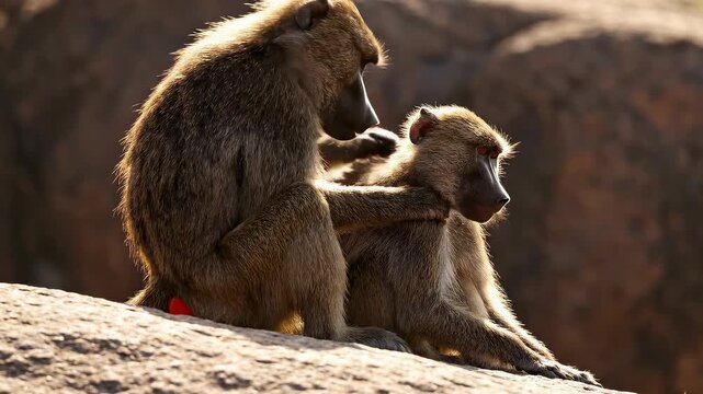 Two baboons grooming each other on a rocky outcrop