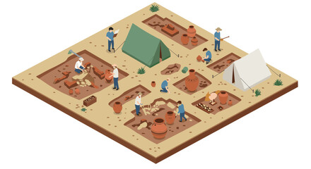 Obraz premium Isometric archaeological dig site with researchers unearthing ancient artifacts