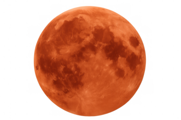 Blood moon glowing orange red during lunar eclipse event in outer space with transparent background