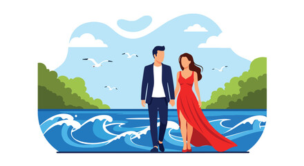 A romantic flat vector of a couple holding hands walking by the sea at sunset, ocean waves and sky behind them, representing love, peace, and togetherness