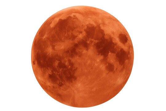 Blood moon glowing orange red during lunar eclipse event in outer space with transparent background
