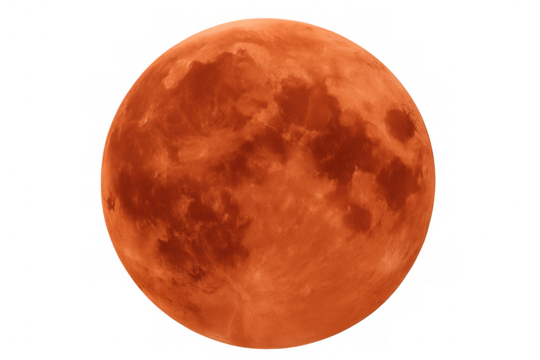Blood moon glowing orange red during lunar eclipse event in outer space with transparent background