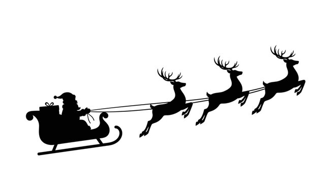 Santa Claus is flying in his sleigh pulled by reindeers to deliver gifts on Christmas Eve.