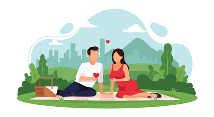 A flat vector illustration of a romantic couple enjoying picnic outdoors with food, joyful lifestyle scene in vivid solid colors
