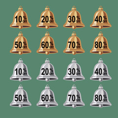 A collection of Christmas bell-shaped sale tags, icons in both gold and silver, featuring various discount percentages on a green background is perfect for holiday promotions and retail marketing.
