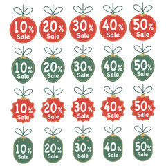 A collection of Christmas sale tags in red and green ornament shapes, featuring discount percentages. The tags include festive details like stars, perfect for holiday retail and ecommerce promotions.