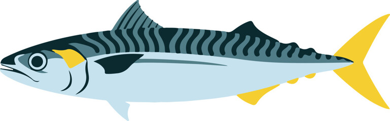 Atlantic Mackerel with dark stripes and yellow tail fins, realistic flat style vector illustration