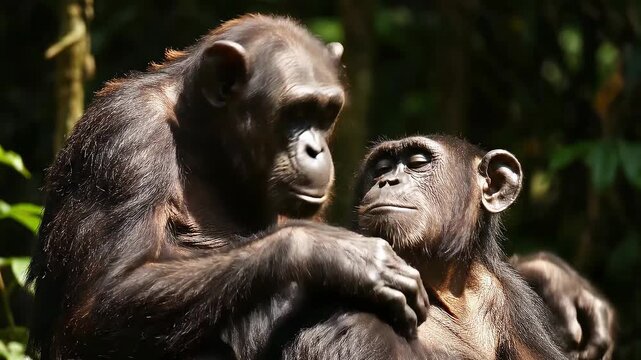 Two chimpanzees embracing in a forest environment