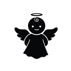Black silhouette baby angel with wings and halo white