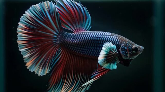Graceful Betta Fish with Vibrant Fins Swimming in Dark Water.