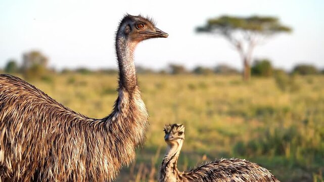 Two emus standing in a field looking around in natural environment